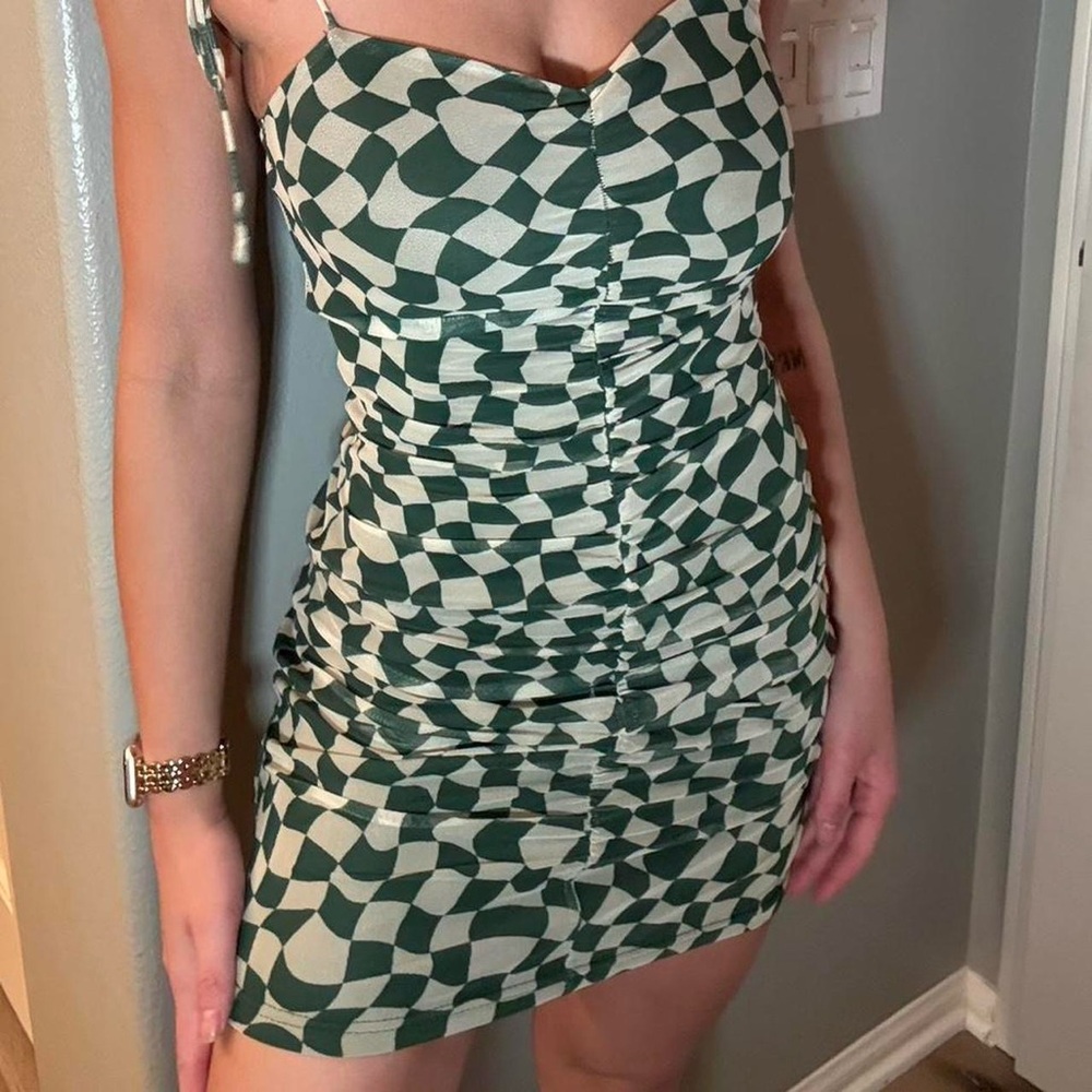 Green and Cream Ruched Bodycon Mini Dress with Spaghetti Straps